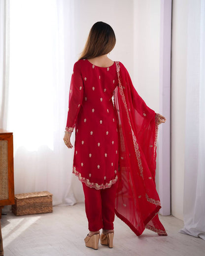Party Wear Red Color Faux Georgette With Thread Work Salwar Suit