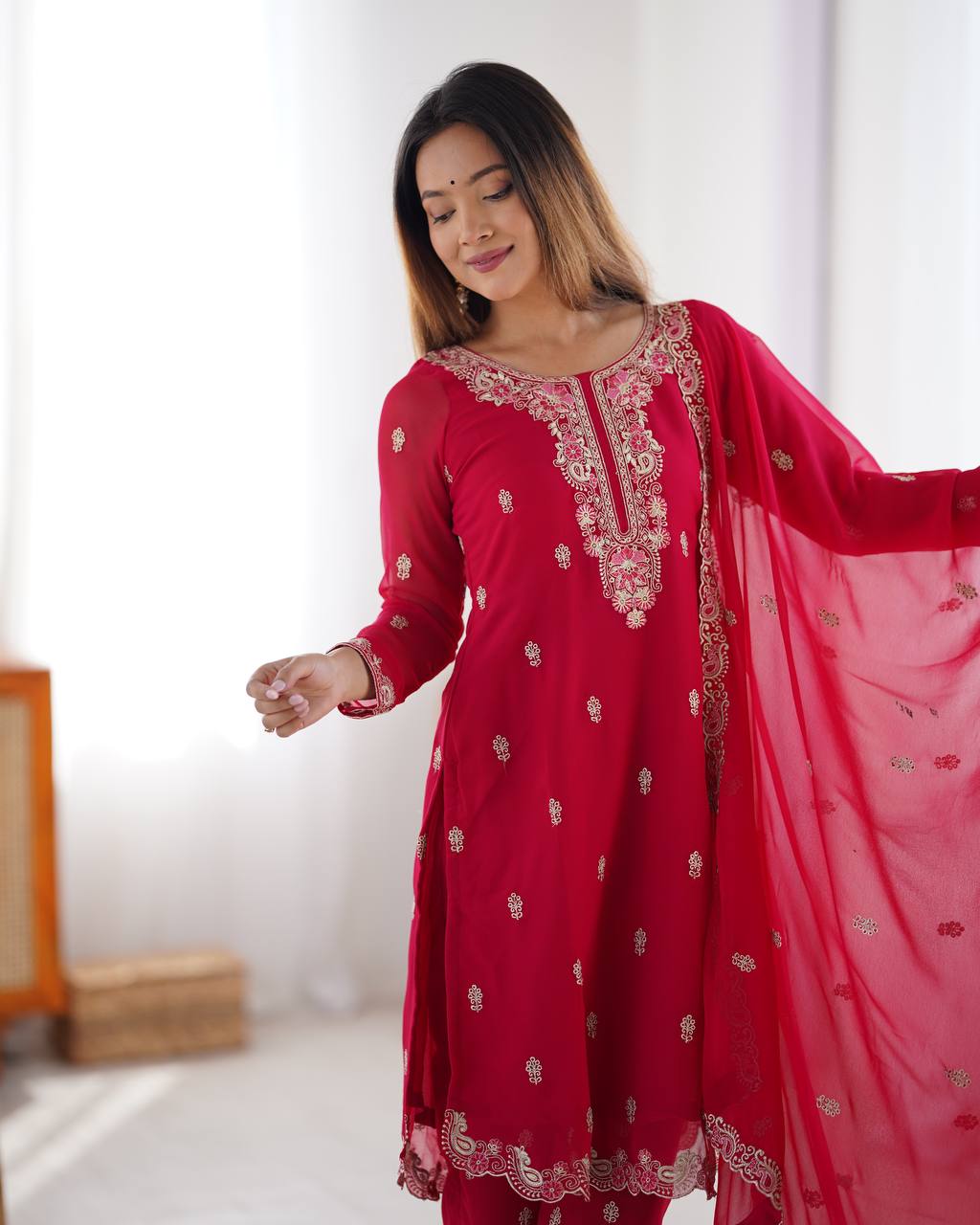 Party Wear Red Color Faux Georgette With Thread Work Salwar Suit