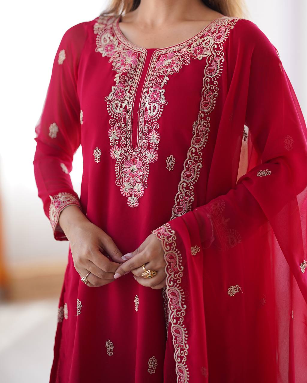 Party Wear Red Color Faux Georgette With Thread Work Salwar Suit
