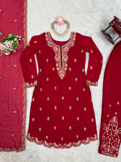 Party Wear Red Color Faux Georgette With Thread Work Salwar Suit