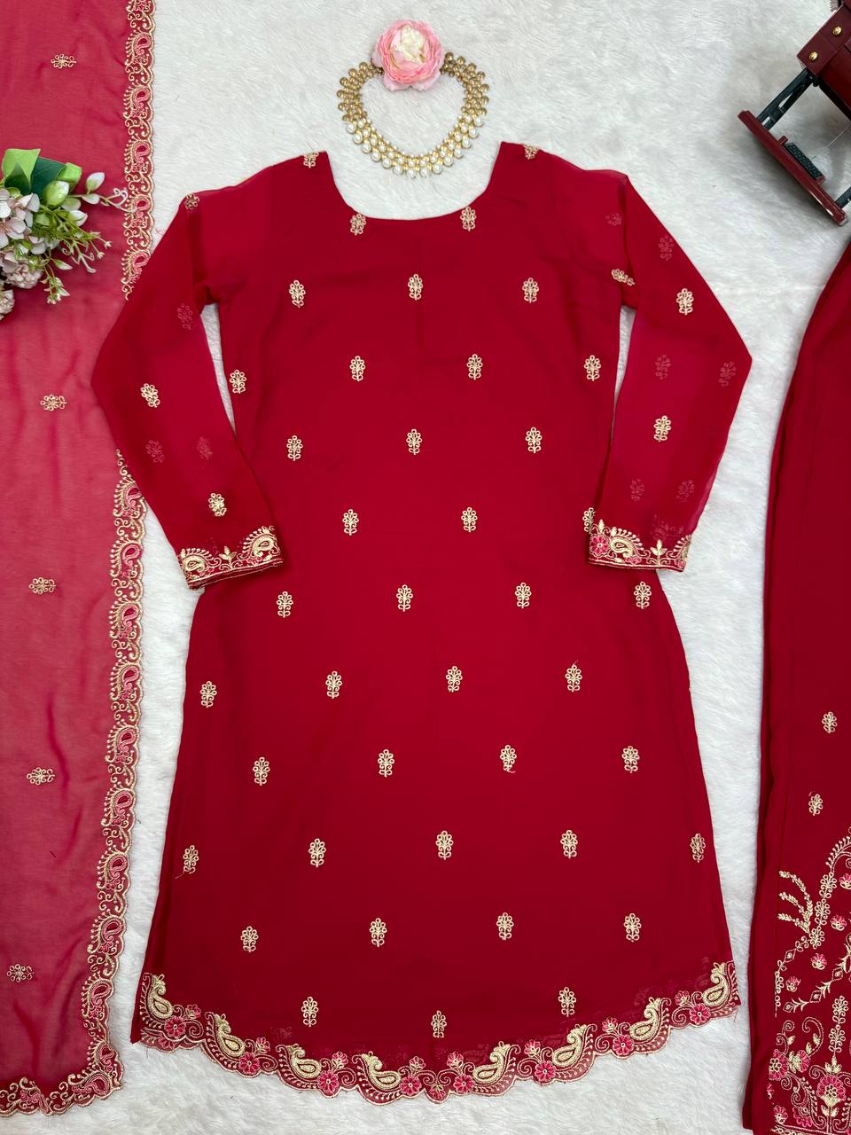 Party Wear Red Color Faux Georgette With Thread Work Salwar Suit