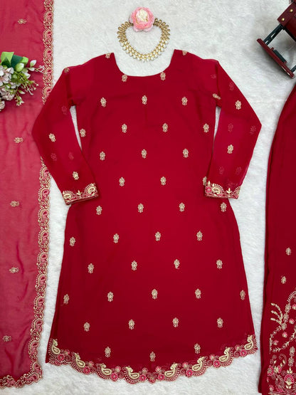 Party Wear Red Color Faux Georgette With Thread Work Salwar Suit