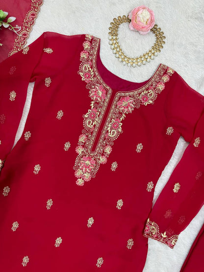 Party Wear Red Color Faux Georgette With Thread Work Salwar Suit