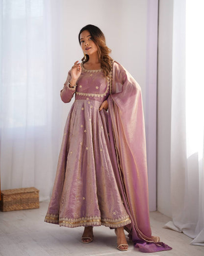 Gorgeous Dusty Pink Color Fandy Silk And Coding With Sequence Work Designer Gown