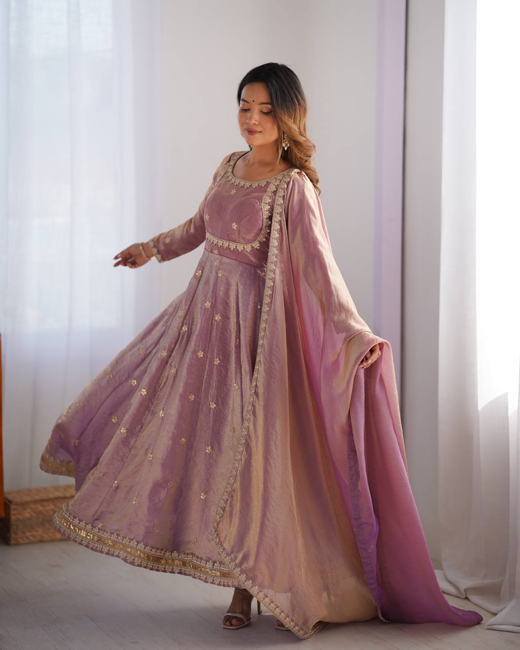 Gorgeous Dusty Pink Color Fandy Silk And Coding With Sequence Work Designer Gown