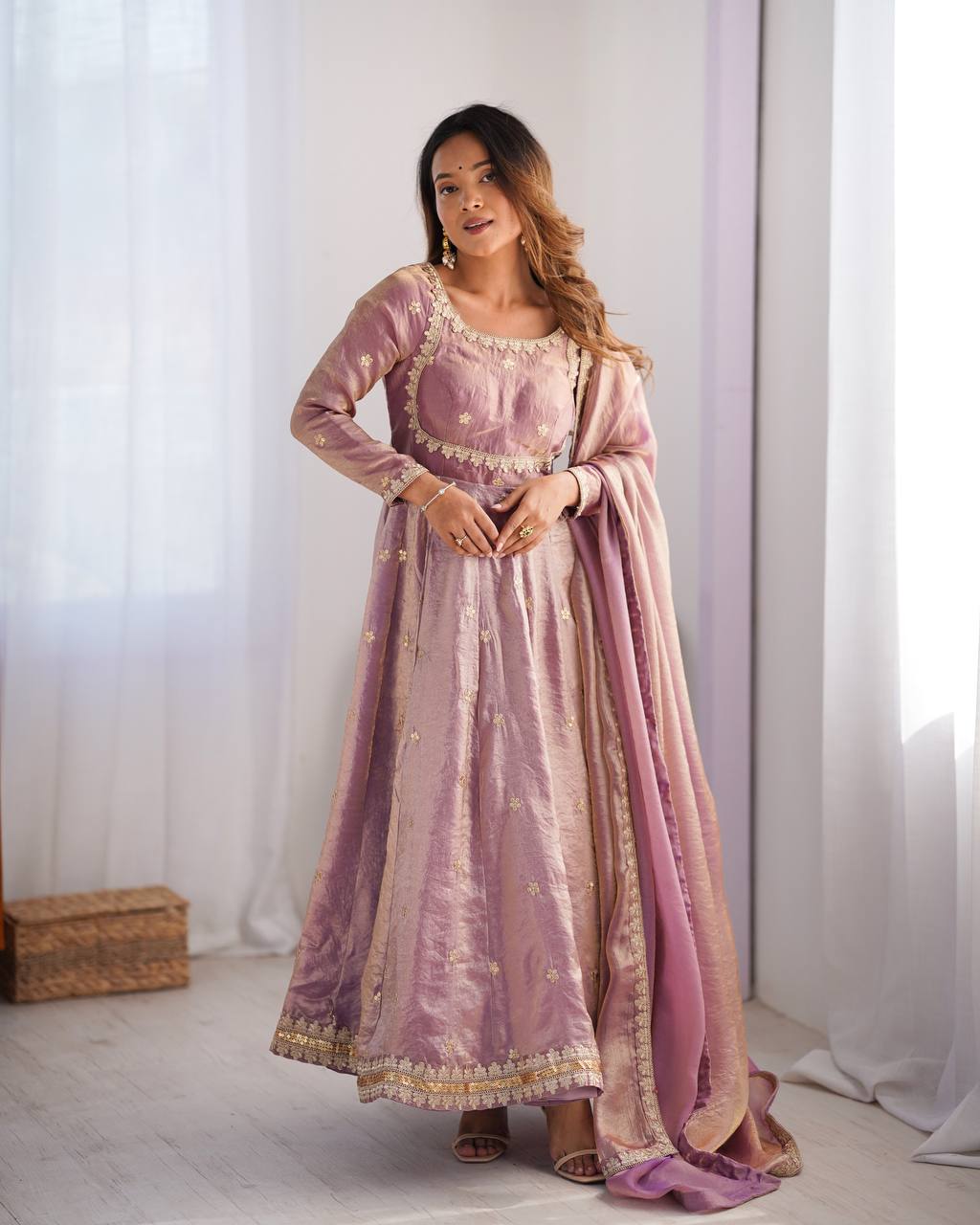 Gorgeous Dusty Pink Color Fandy Silk And Coding With Sequence Work Designer Gown