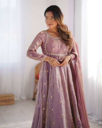 Gorgeous Dusty Pink Color Fandy Silk And Coding With Sequence Work Designer Gown
