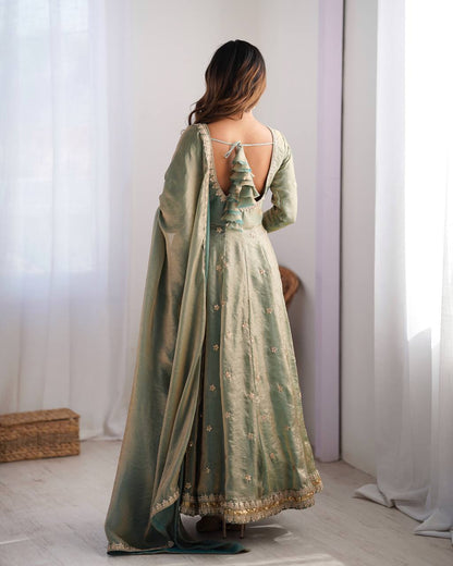Embellished Dusty Green Color Fandy Silk And Coding With Sequence Work Designer Gown