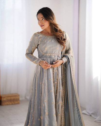 Stylish Dusty Grey Color Fandy Silk And Coding With Sequence Work Designer Gown