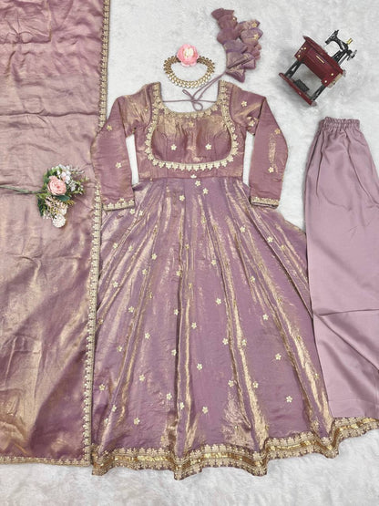 Gorgeous Dusty Pink Color Fandy Silk And Coding With Sequence Work Designer Gown