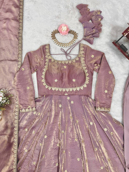 Gorgeous Dusty Pink Color Fandy Silk And Coding With Sequence Work Designer Gown
