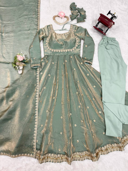 Embellished Dusty Green Color Fandy Silk And Coding With Sequence Work Designer Gown