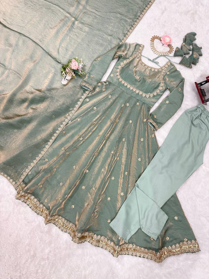 Embellished Dusty Green Color Fandy Silk And Coding With Sequence Work Designer Gown