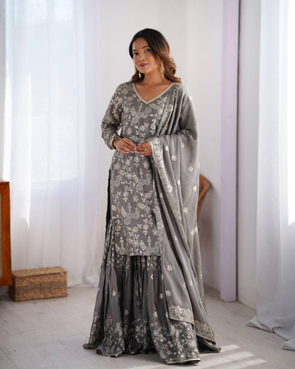 Party Wear Grey Color Chinon Silk And Thread With Sequence Work Pakistani Sharara Suit