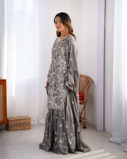Party Wear Grey Color Chinon Silk And Thread With Sequence Work Pakistani Sharara Suit