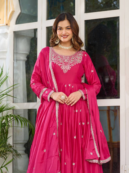 Party Wear Pink Color American Silk And Thread With Sequence Work Designer Gown