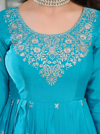 Party Wear Sky Color American Silk And Thread With Sequence Work Designer Gown