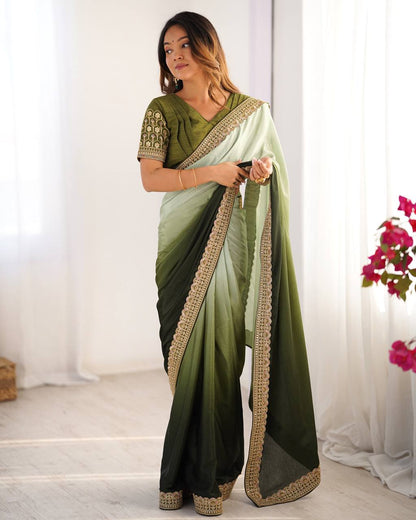 Wedding Wear Green Color Chinon Silk And Thread With Sequence Lace Work Saree