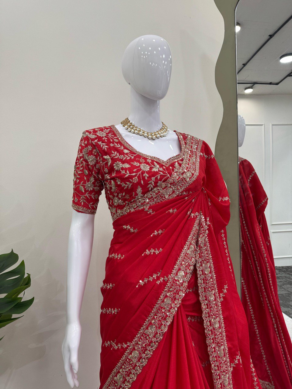 Exclusive Red Color Chinon Silk With Thread And Sequence Work Designer Saree