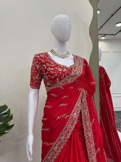 Exclusive Red Color Chinon Silk With Thread And Sequence Work Designer Saree