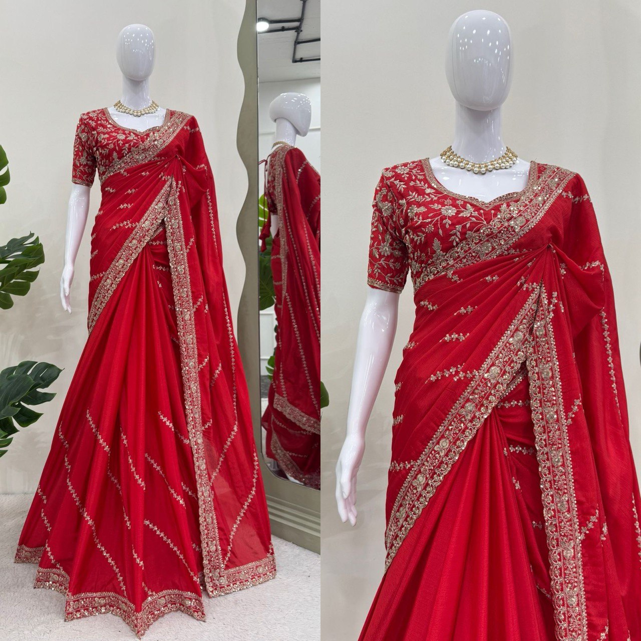 Exclusive Red Color Chinon Silk With Thread And Sequence Work Designer Saree