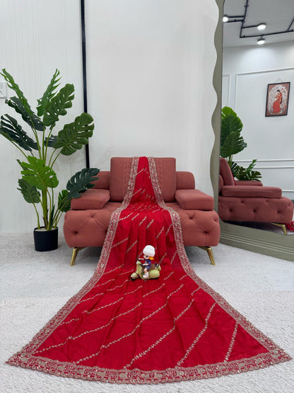 Exclusive Red Color Chinon Silk With Thread And Sequence Work Designer Saree