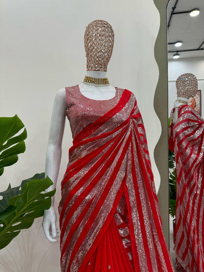 Occasion Wear Red Color Faux Georgette Thread And Sequence Work Saree