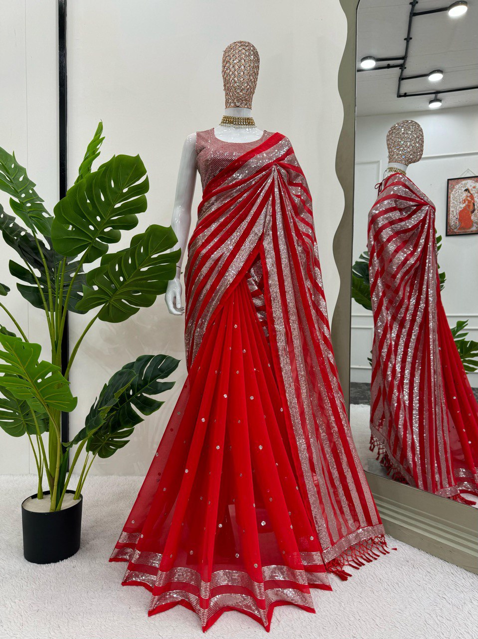 Occasion Wear Red Color Faux Georgette Thread And Sequence Work Saree