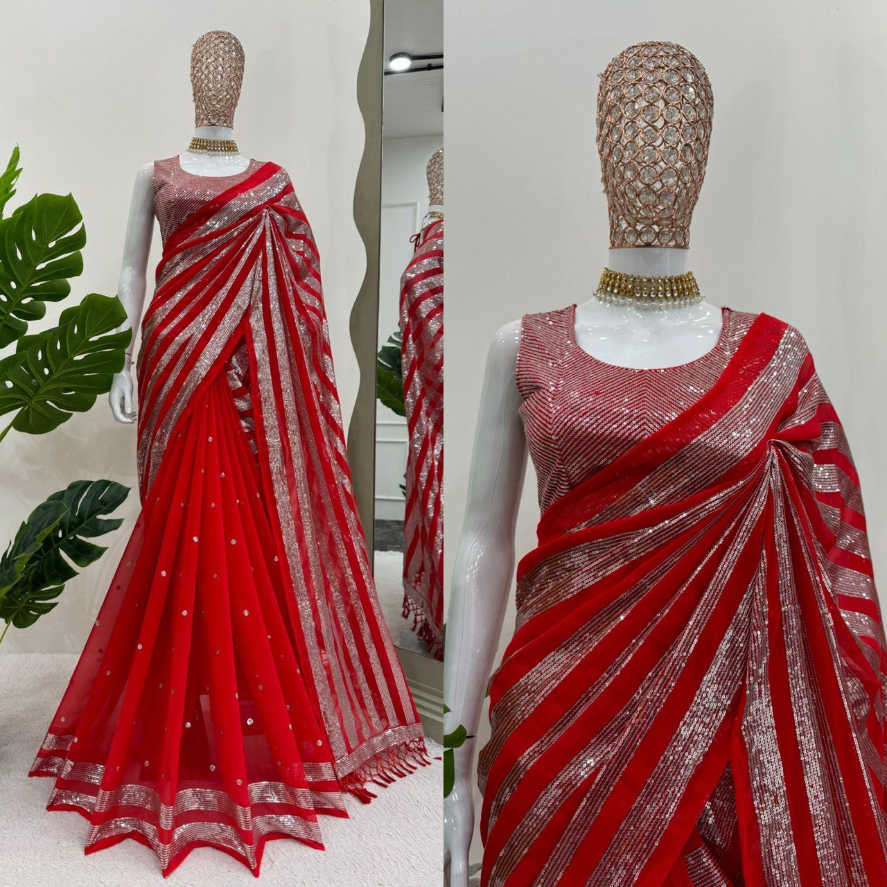 Occasion Wear Red Color Faux Georgette Thread And Sequence Work Saree