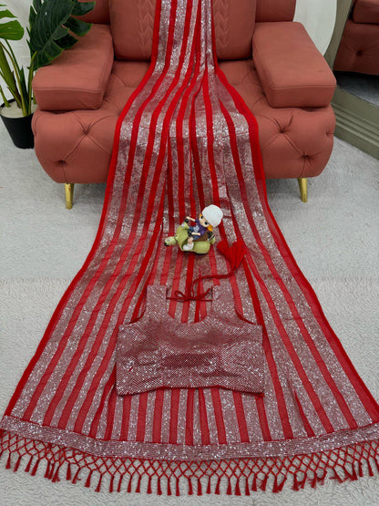 Occasion Wear Red Color Faux Georgette Thread And Sequence Work Saree
