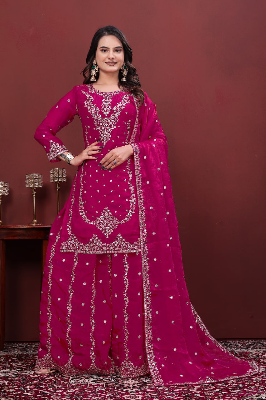 Designer Pink Color Fendy Silk Embroidery Work Sharara Suit