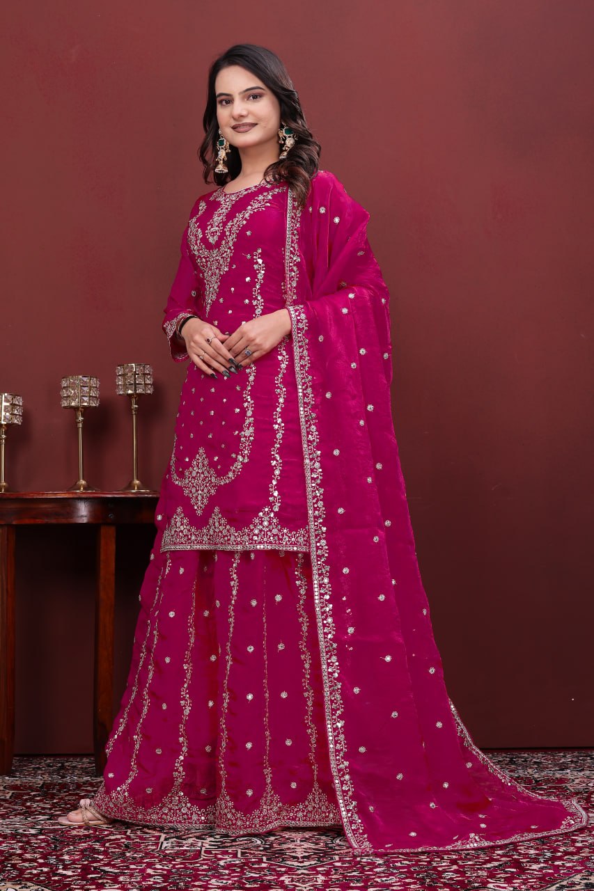 Designer Pink Color Fendy Silk Embroidery Work Sharara Suit