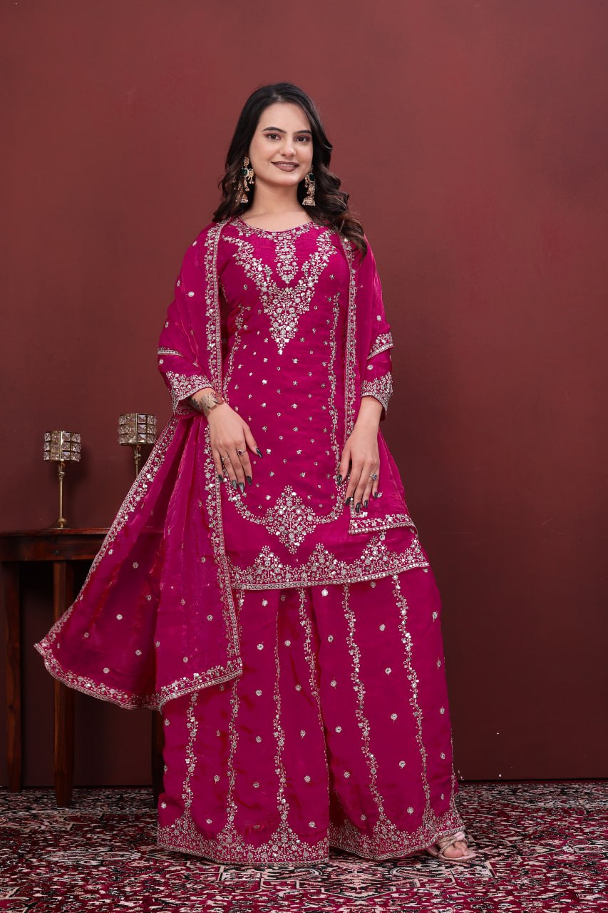 Designer Pink Color Fendy Silk Embroidery Work Sharara Suit