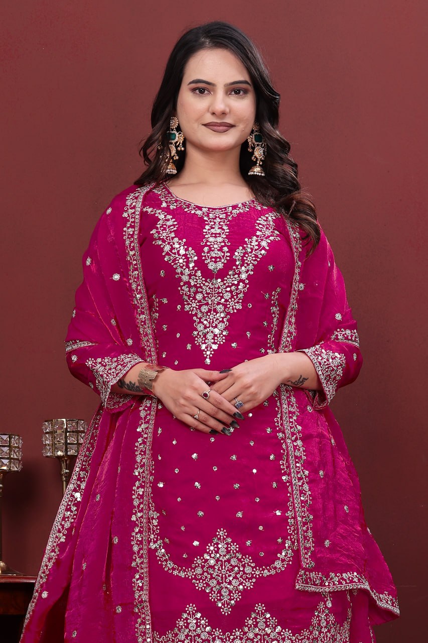 Designer Pink Color Fendy Silk Embroidery Work Sharara Suit