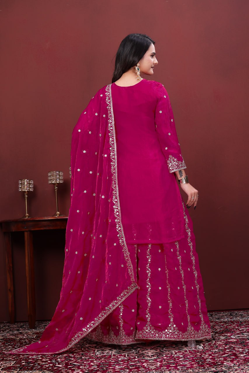 Designer Pink Color Fendy Silk Embroidery Work Sharara Suit