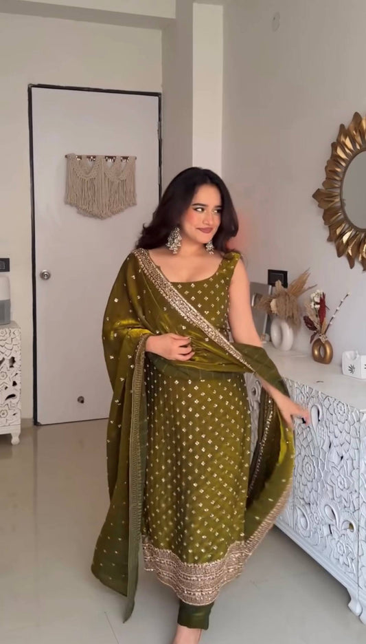 Fancy Wear Mahendi Color Fendy Silk Sleeveless Salwar Suit Set