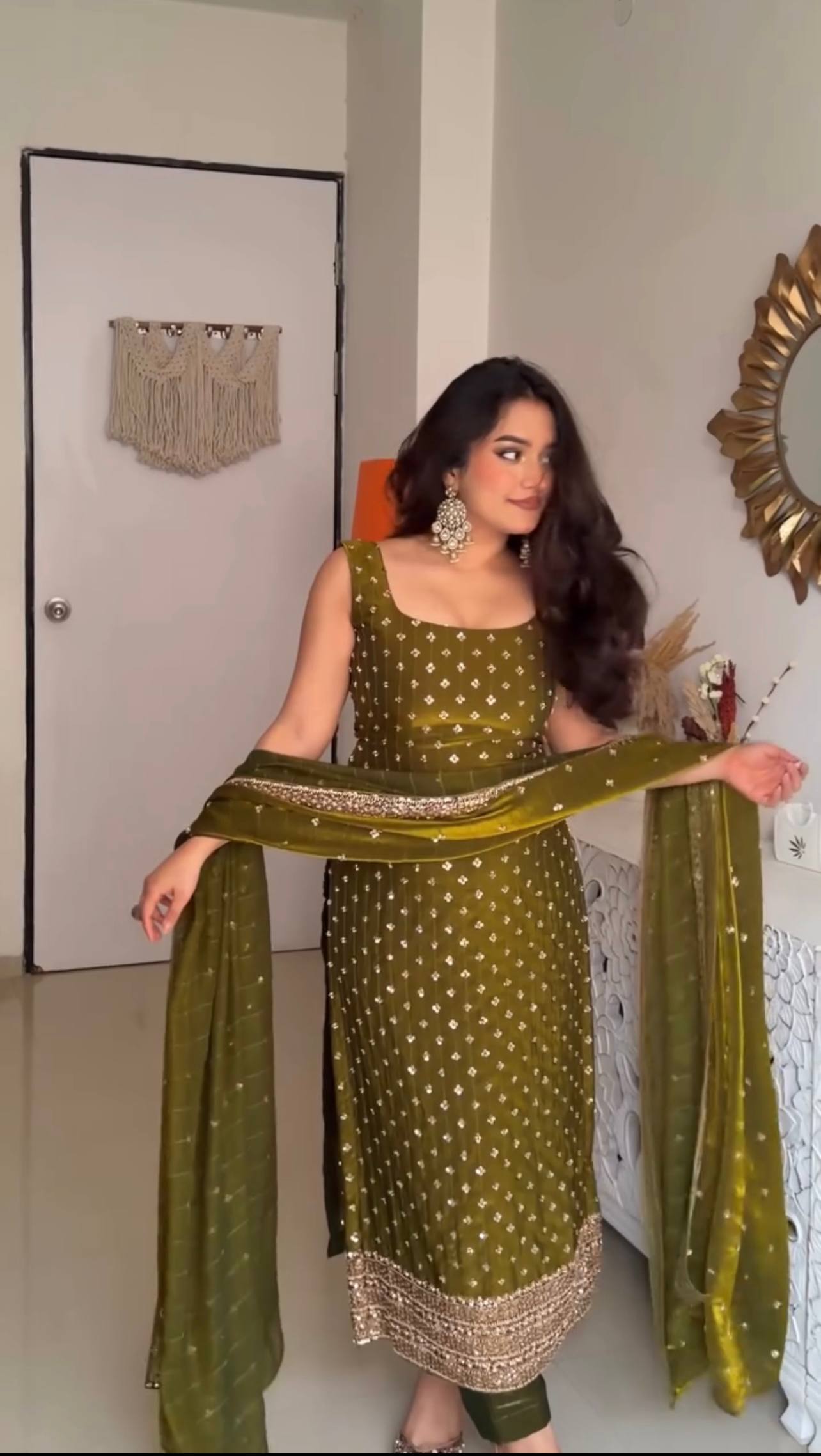 Fancy Wear Mahendi Color Fendy Silk Sleeveless Salwar Suit Set