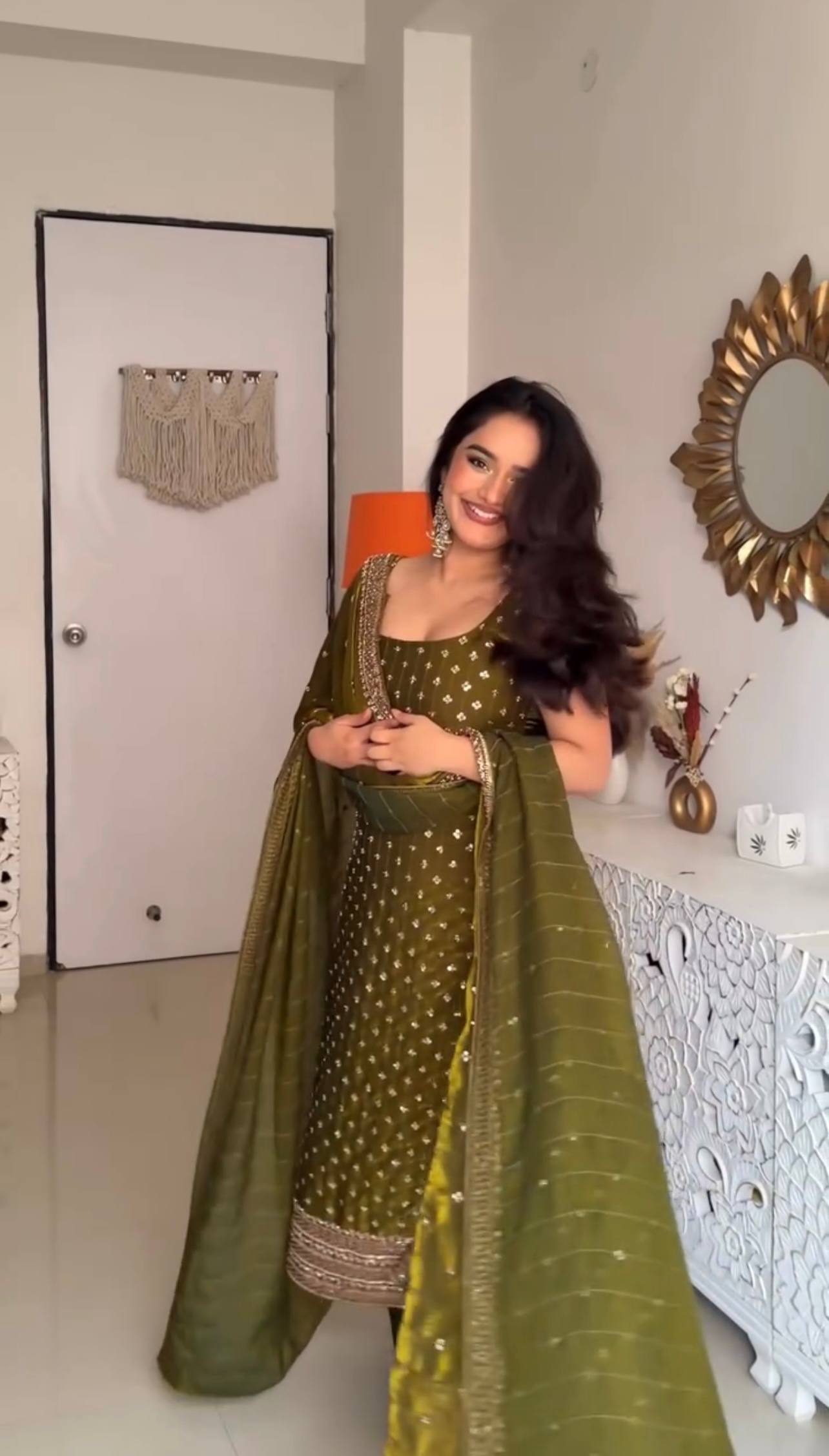 Fancy Wear Mahendi Color Fendy Silk Sleeveless Salwar Suit Set