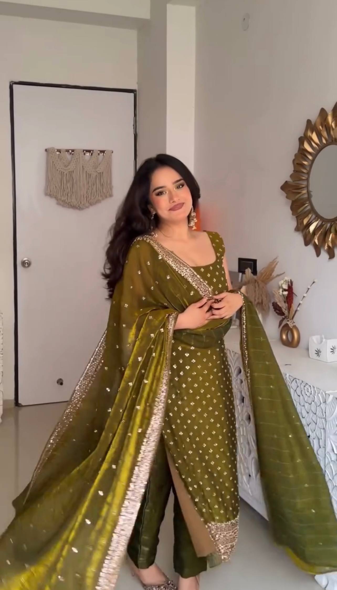 Fancy Wear Mahendi Color Fendy Silk Sleeveless Salwar Suit Set
