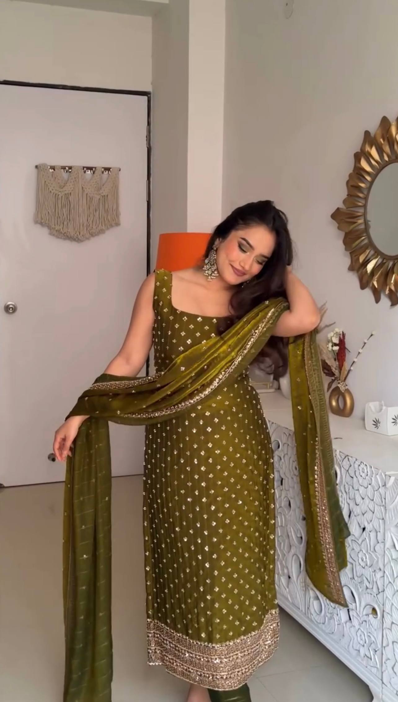 Fancy Wear Mahendi Color Fendy Silk Sleeveless Salwar Suit Set
