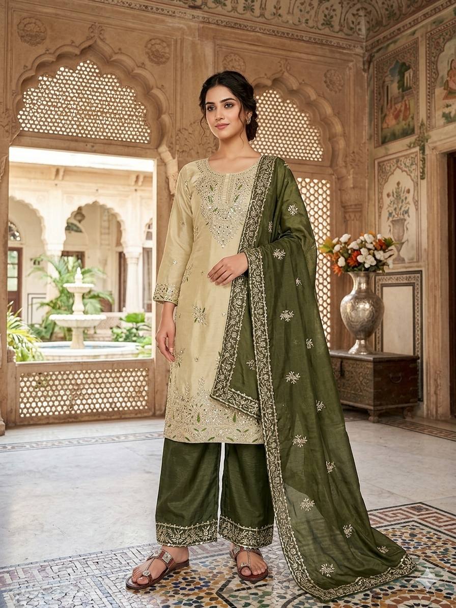 Designer Mahendi Green Silk Sequence Work Palazzo Suit