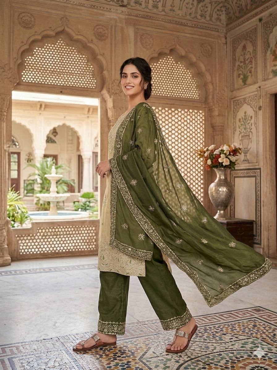 Designer Mahendi Green Silk Sequence Work Palazzo Suit