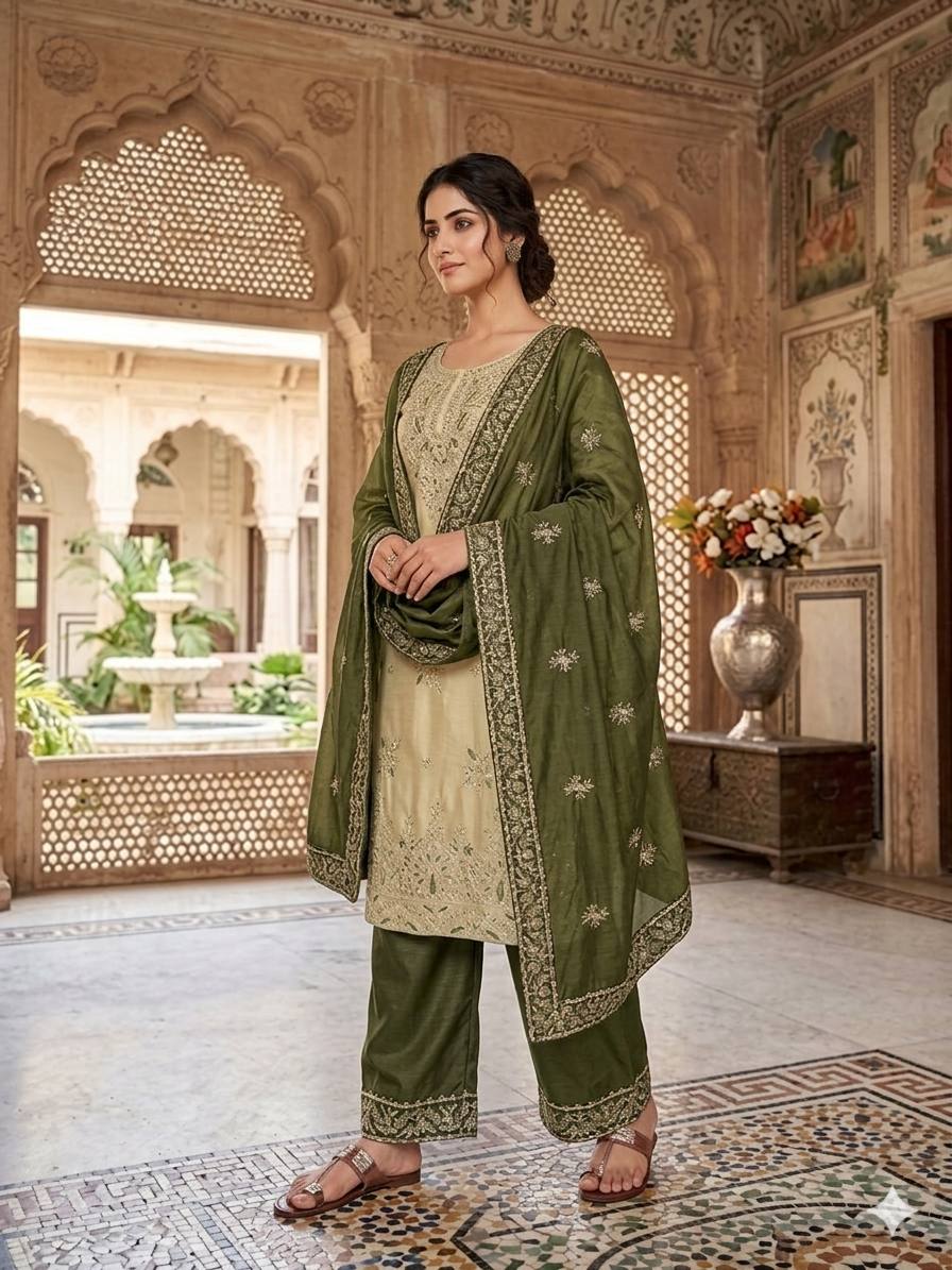 Designer Mahendi Green Silk Sequence Work Palazzo Suit