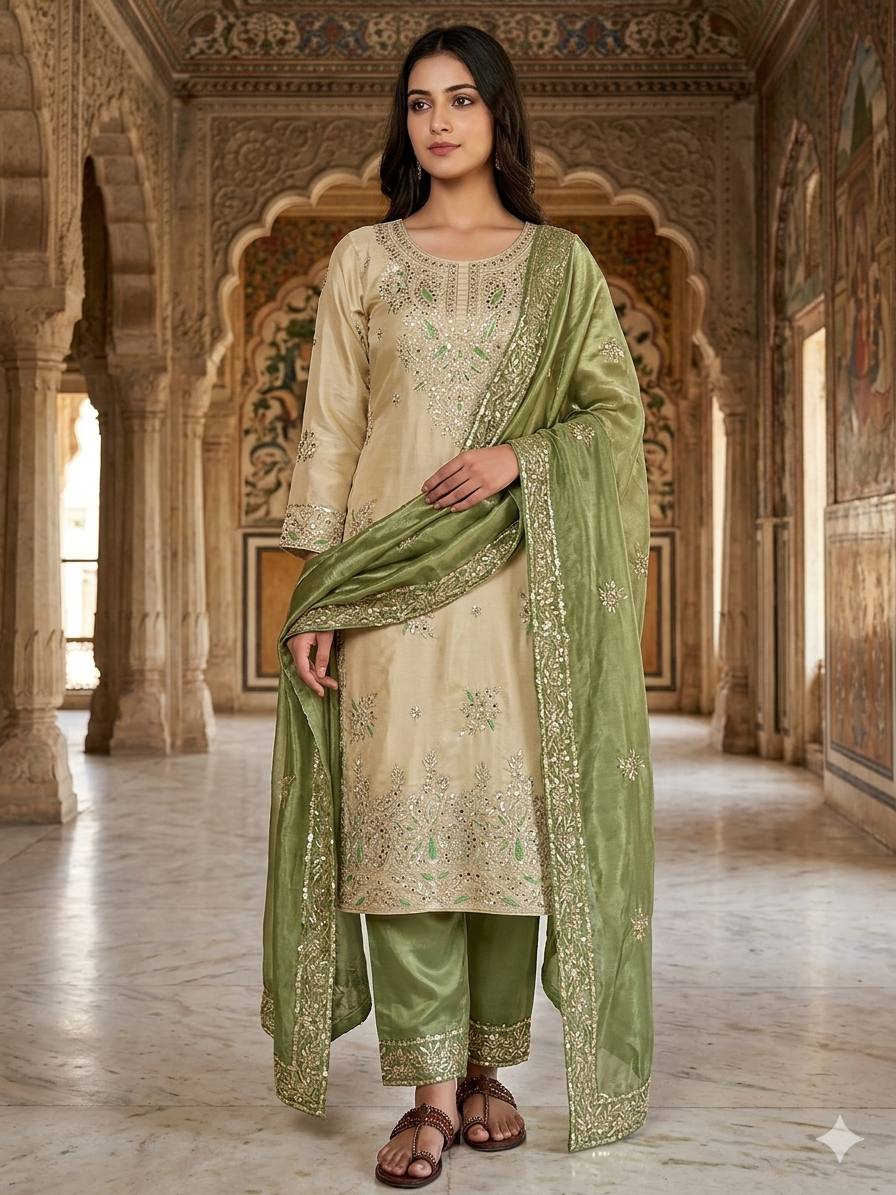 Wedding Wear Green Silk Sequence Work Palazzo Suit