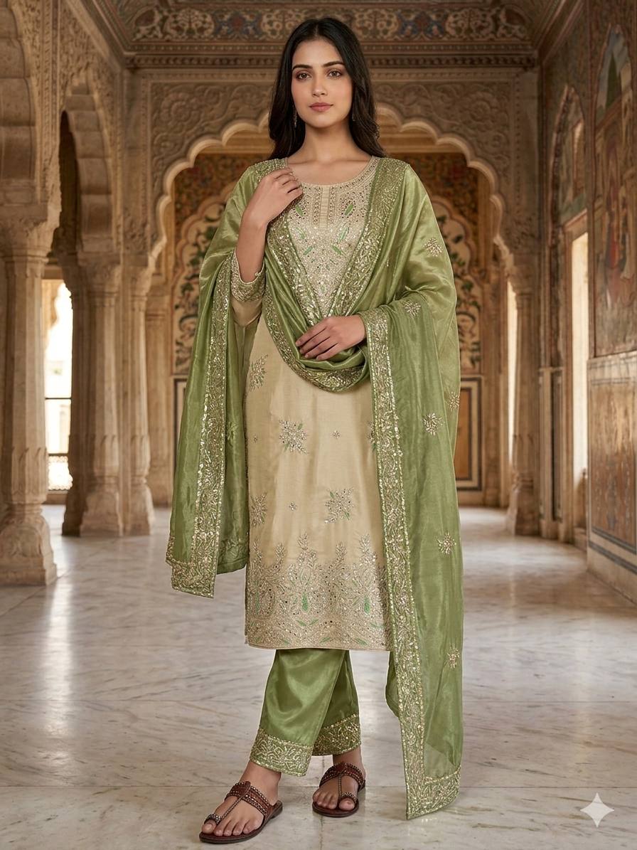 Wedding Wear Green Silk Sequence Work Palazzo Suit