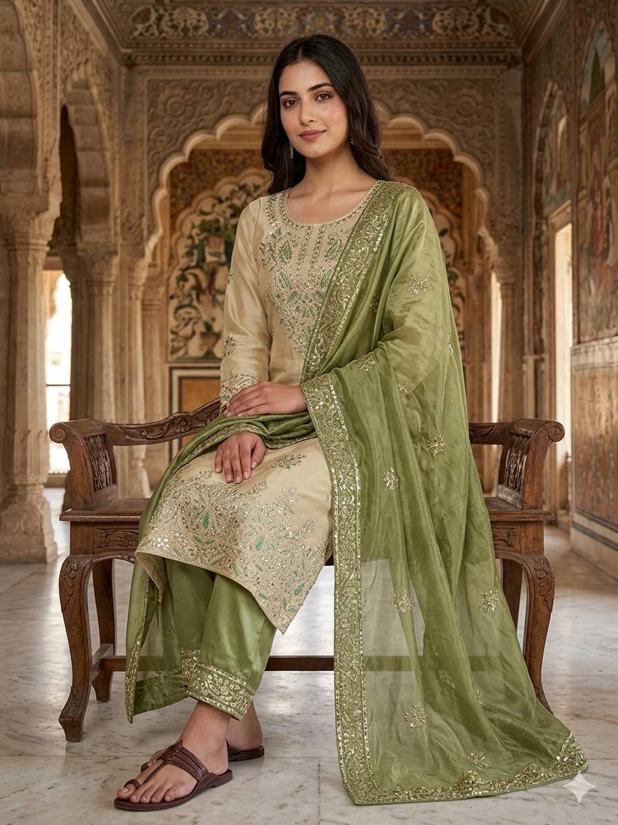 Wedding Wear Green Silk Sequence Work Palazzo Suit