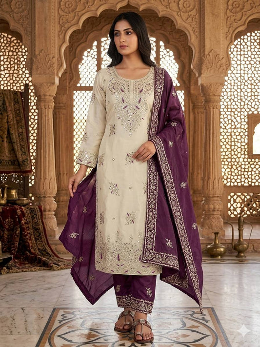 Party Wear Purple Silk Sequence Work Palazzo Suit