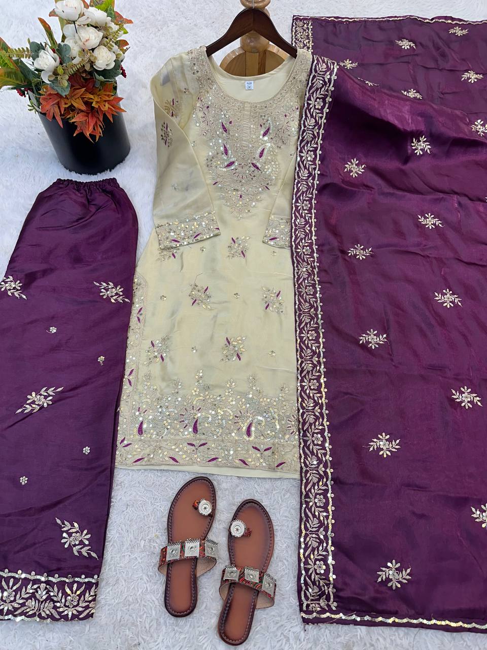Party Wear Purple Silk Sequence Work Palazzo Suit