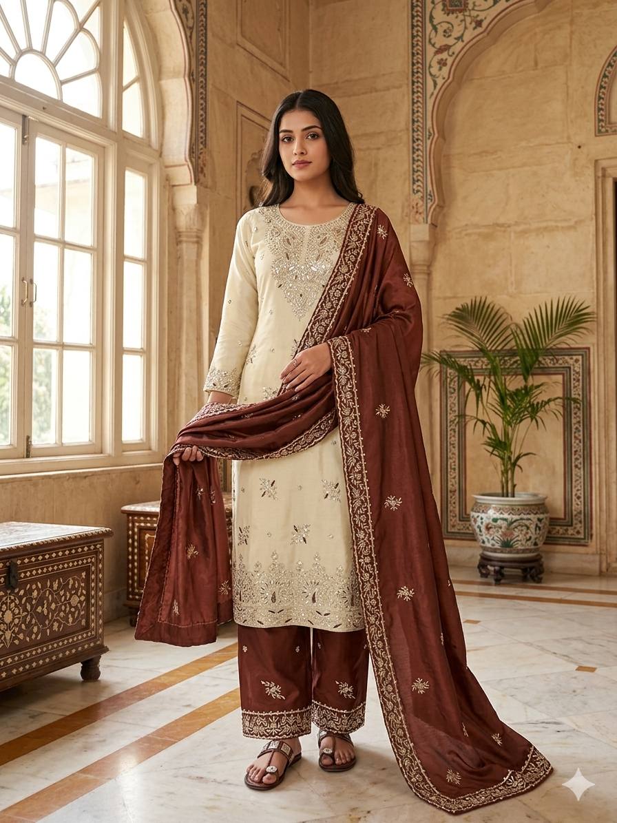 Ceremony Wear Brown Silk Sequence Work Palazzo Suit