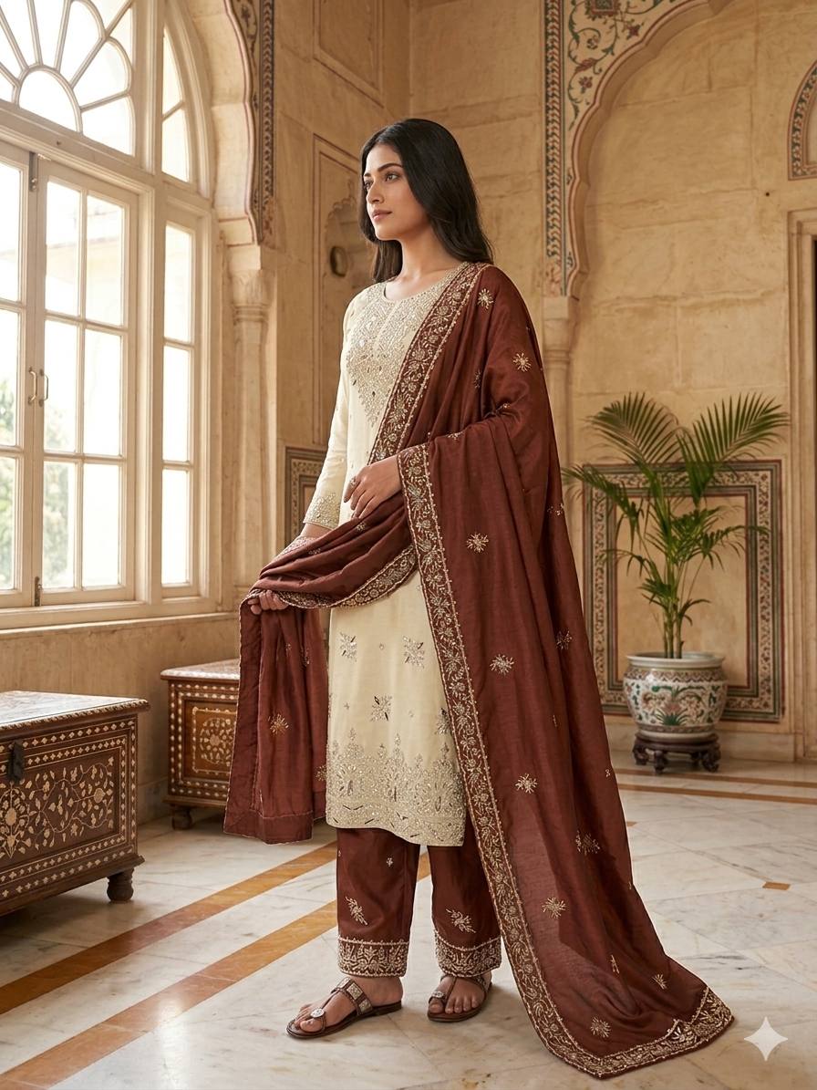 Ceremony Wear Brown Silk Sequence Work Palazzo Suit